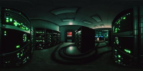 VR360 Futuristisches dunkles Rechenzentrum mit Metall und Lichtern