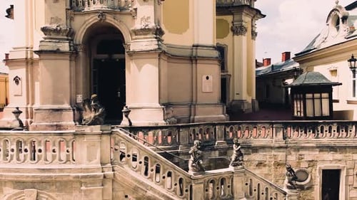 Aerial drone view of a flying over the Catholic Cathedral