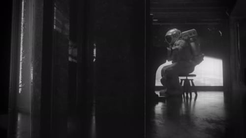 Astronaut Playing Piano in Space with Retro Film Effect