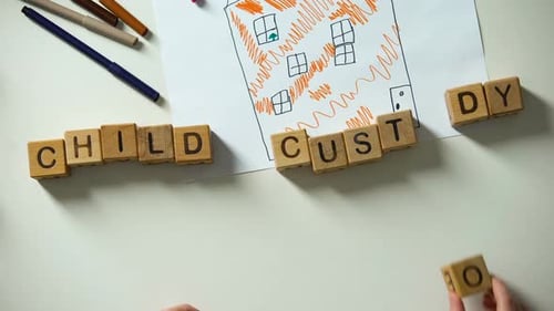 Kid Putting Child Custody Phrase and Heart on House Picture
