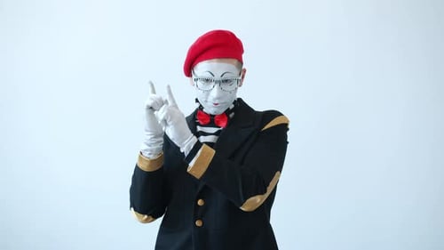 Joyful Mime Dancing Moving Arms Making Wave Gesture on White Background
