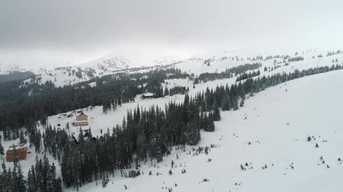 Fly over mountain ski resort