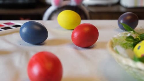 Decorated Easter Eggs with Child Wearing Bunny Ears