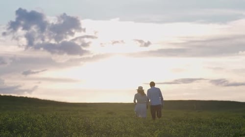 Couple Walks Hand in Hand in Field at Sunset