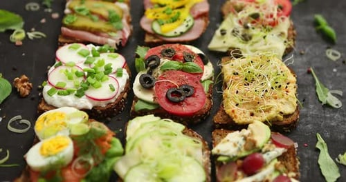 Top View of Different Decorated Sandwiches As Appetizer