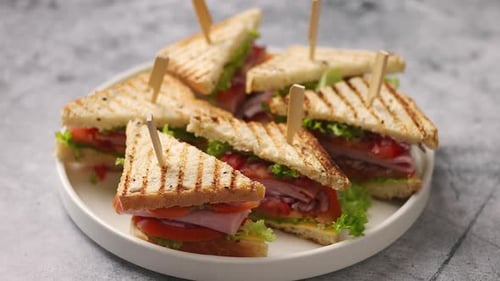 Tasty and Fresh Club Sandwich Served on White Ceramic Plate