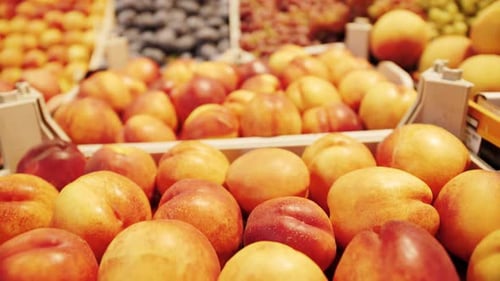 Primer plano de nectarinas frescas grandes y maduras en un mercado de agricultores.