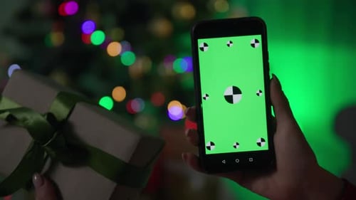 Online Ordering Gifts on the Eve of the New Year Female Hand Holding Mobile Phone with a Green