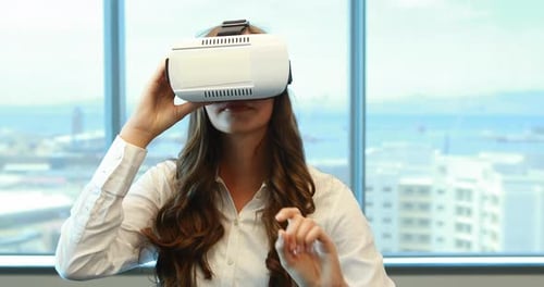 Woman Interacting with VR Headset in City Office