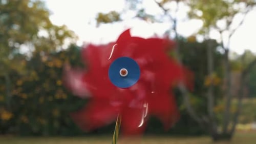 The Colorful Toy of a Weather Vane in Motion, Windmill Toy in Slow Motion With Autumn Background.