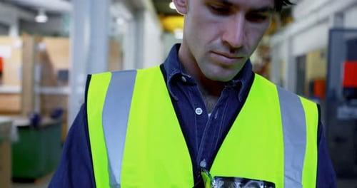 Male worker using digital tablet at solar station