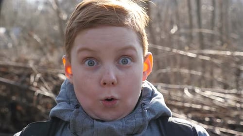 Portrait of Ginger Child with Freckles Showing Surprise and Amazement Outdoor