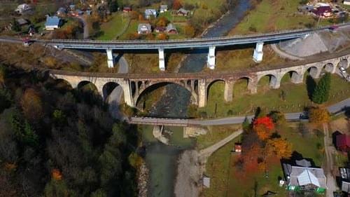 Drone View of Old Bridge Viaduct in Mountain Village Vorokhta Ukraine