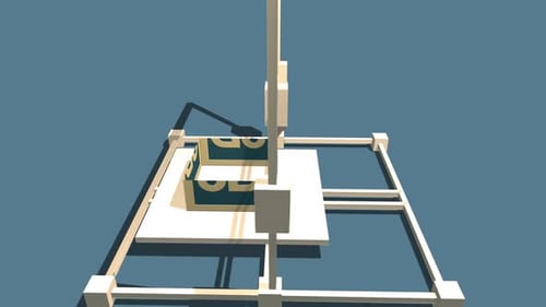 Simple Animation of Printing a 3D box with a 3D Printer. Blue Background.