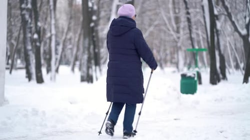 Senior Woman Nordic Walking in Snowy Winter Park