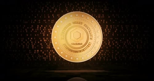 Boucle de pièces dorées de la crypto-monnaie Chainlink Link sur fond numérique