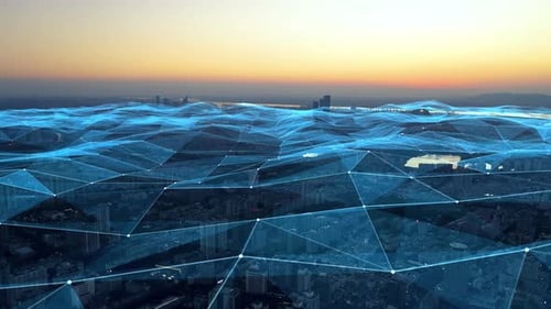 intelligente Skyline der vernetzten Stadt. Futuristisches Netzwerkkonzept, City Technology.