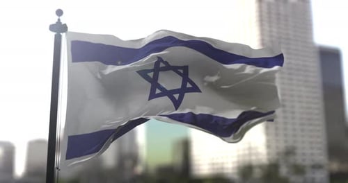 Realistic Flag of Israel Waving in Wind with City Background