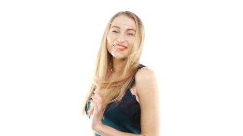 Attractive Woman in Beautiful Dress Smiling, Dancing, Wind Blownig on White, Slow Motion
