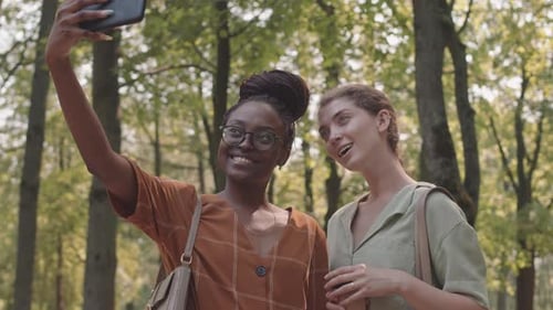 Freundinnen machen Selfies im Park