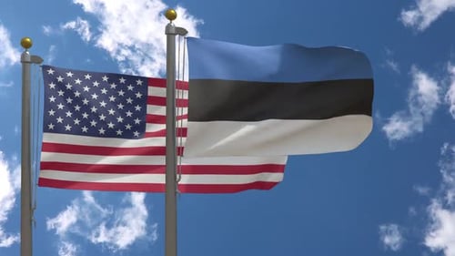 United States and Estonia National Flags Waving on Flagpoles