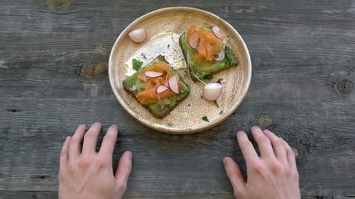Top View of Healthy Sandwich Toast with Lettuce Ham Cheese Salmon and Coffee
