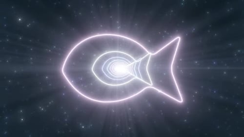 Simple Fish Outline Shape Blue Glowing Neon Lights Tunnel Wormhole