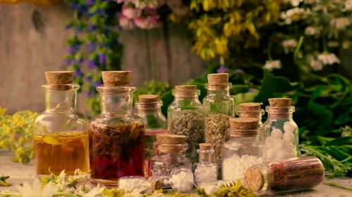 Bottles with Liquids and Herbs Arrangement