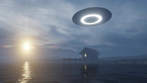 3D Render of a UFO Above a Lake House