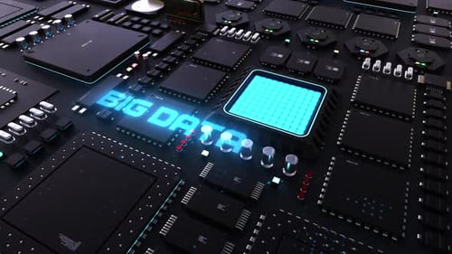 en-tête Big Data sur fond de microprocesseurs sur une carte de circuit imprimé.