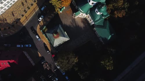 Aerial view of Pokvska Church located in historical part of Kyiv - Podil