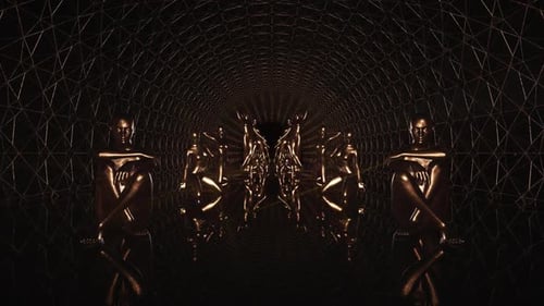 Golden Humanoid Figures Posing Loop in Abstract Tunnel