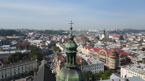 Aerial Shot The City Of Lviv. John George Pinzel Sculpture Museum. Ukraine