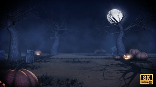 Animated Spooky Halloween Graveyard with Pumpkins and Full Moon