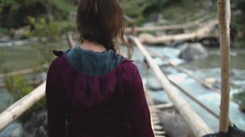 Woman Walk Bridge Over Mountain River Thailand