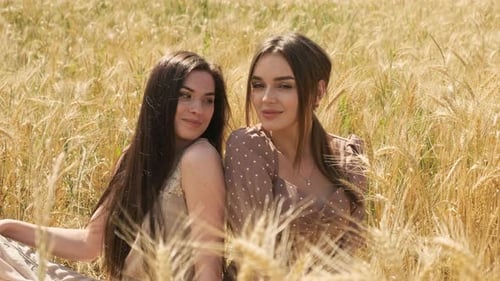 Two Enchanting LGBT Women Sitting in Wheat Field in Beautiful Dresses and Looking at Each Other