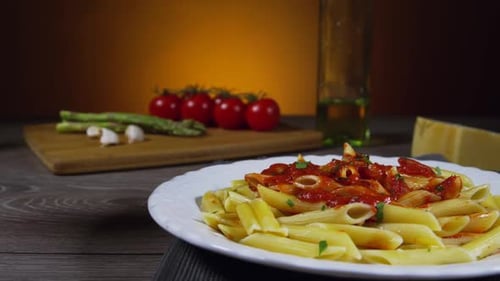Pasta with Red Sauce and Glass of Red Wine
