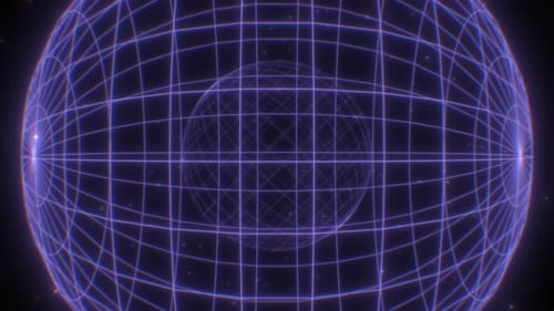 Sphères géométriques à grille filaire à ondes synthétiques Fly in Neon Glow des années 80 - 4K