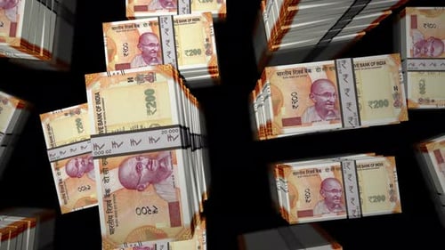 Flight over the Indian rupee money banknote packs loop animation