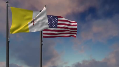 Vatican City and United States Flags Waving in Wind