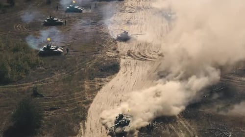 Military War Combat Heavy Armored National Defense Tanks Troops Ride on Sand Battlefield Road