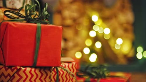 Pile of Christmas Gifts Close Up Under the Christmas Tree