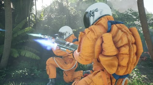 Futuristic Astronauts Fight Dinosaur in Jungle Battle Scene
