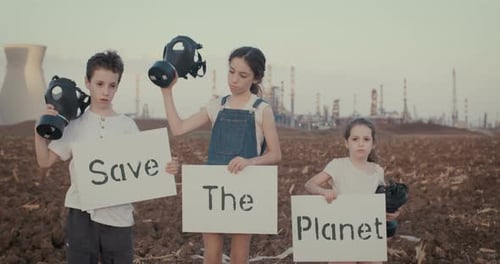 climate change crisis. Kids wearing gas masks near an oil refinery