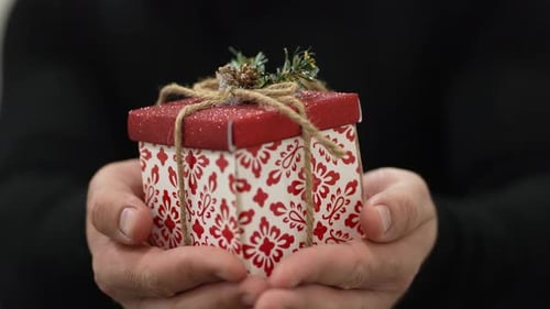 Hands Holding Small, Festive Christmas Gift Box