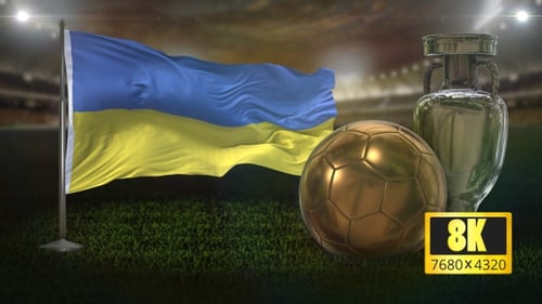 Waving Ukrainian Flag with Soccer Ball and Trophy in Stadium