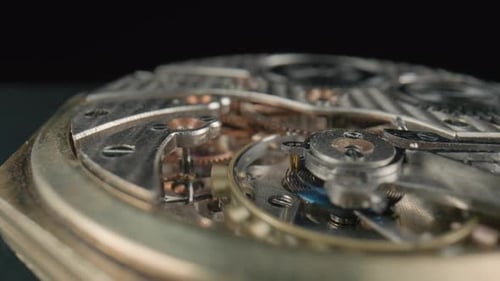 Antique Watch Mechanism Close Up with Turning Gears