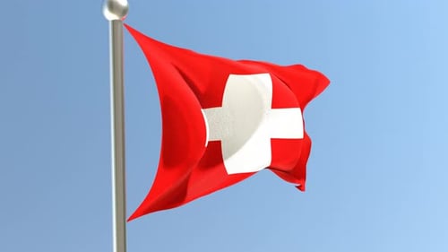 Waving Swiss Flag on a Pole with Blue Sky Background