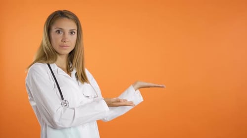 Women Doctor Advertises Something Needed for Healthcare, Points with Both Fingers, Isolated on