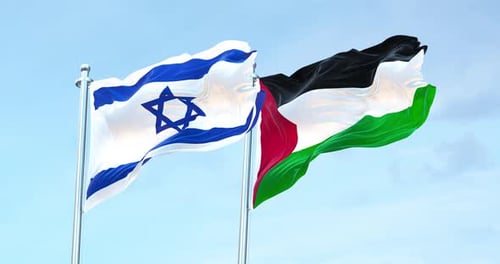 Flags of Israel and Palestine Waving in the Wind